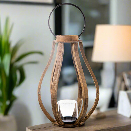Malen Bellied Wood Lantern With Ring Handle