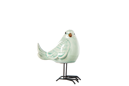Porcelain Standing Bird Figurine with Open Beak and Metal Legs Design Gloss Finish
