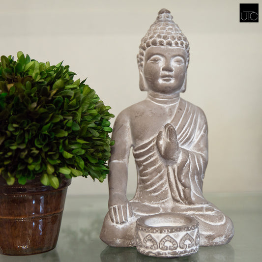 Cement Meditating Buddha Figurine Natural Finish Gray-10.50"H