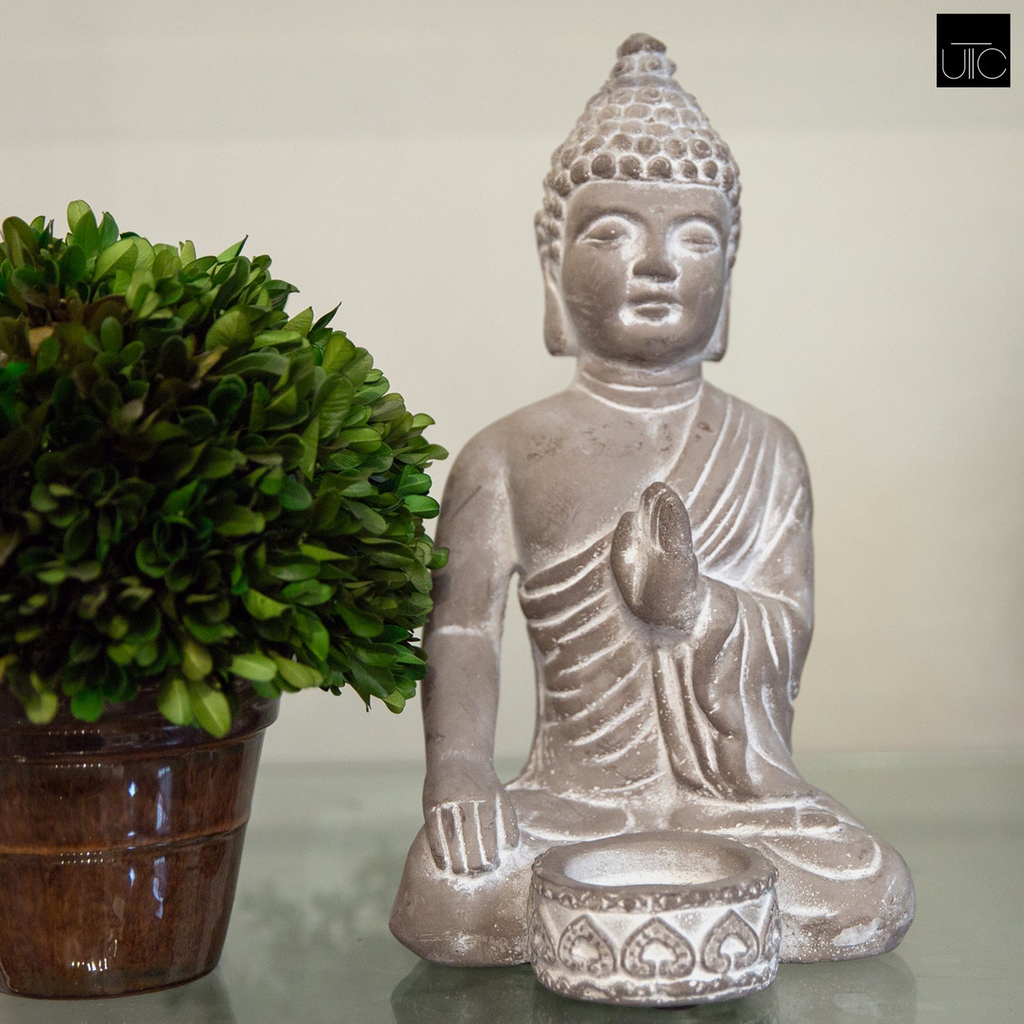 Cement Meditating Buddha Figurine Natural Finish Gray-10.50"H