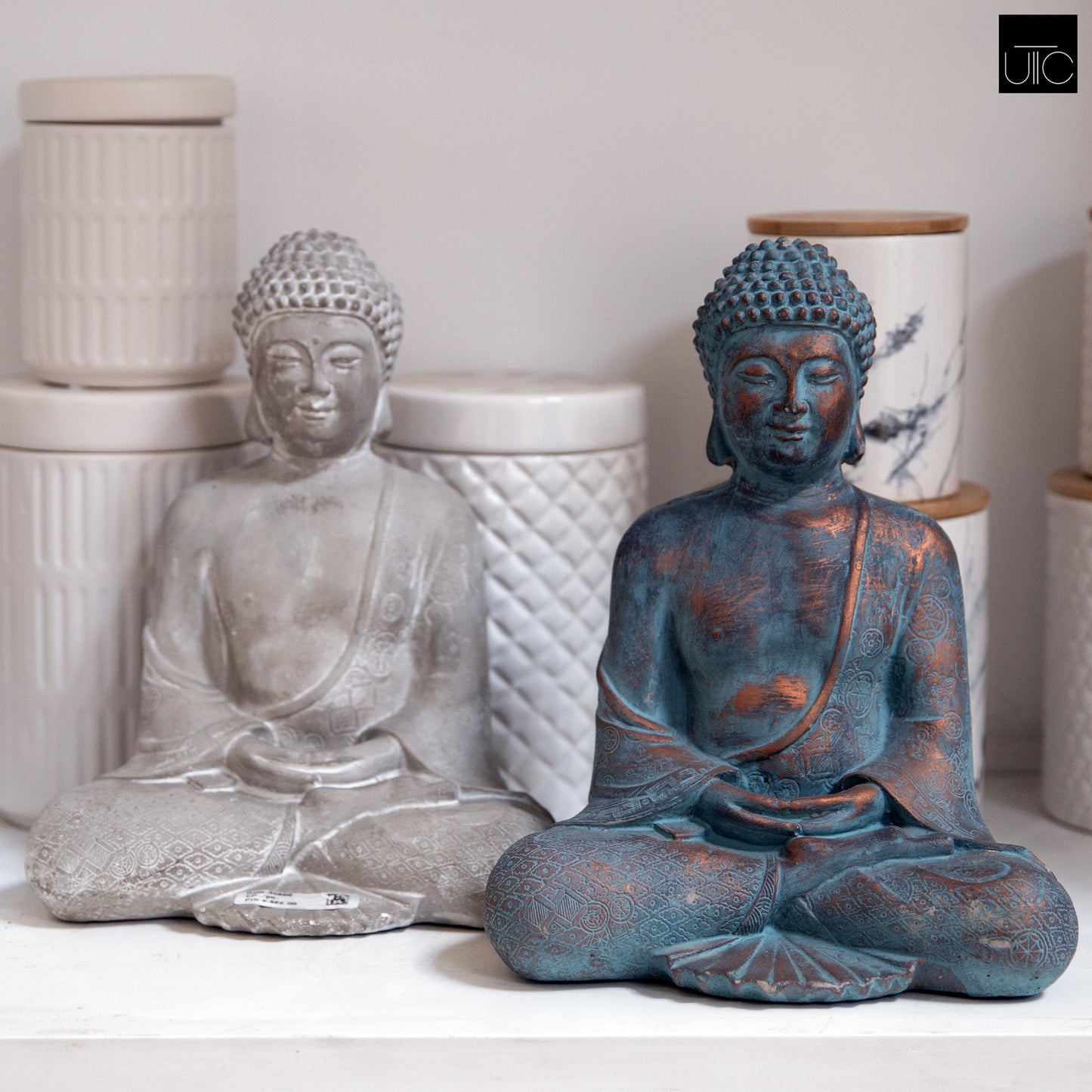 Cement Meditating Buddha Figurine Washed Concrete Finish-11.50"H