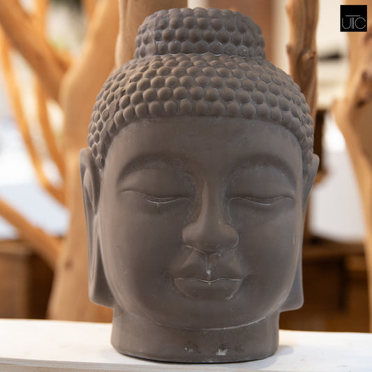 Terracotta Buddha Head Figurine Washed  Finish Gray-12.75"H