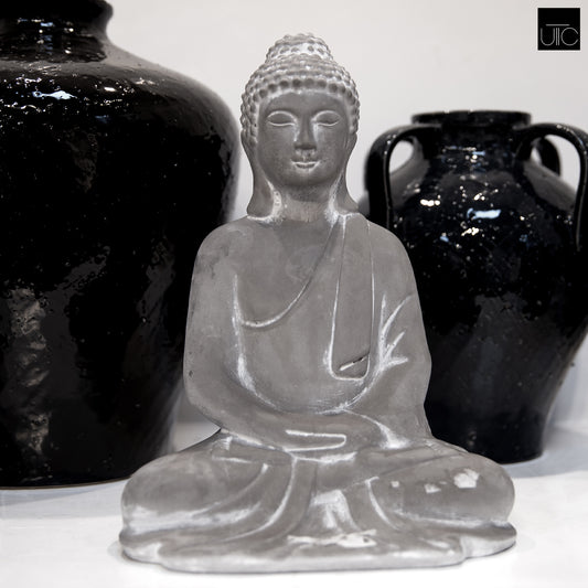 Cement Meditating Buddha Figurine Distressed Finish-10.25"H