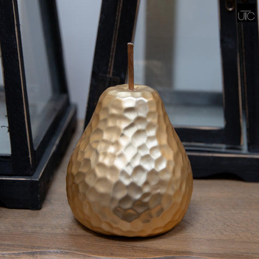 Ceramic Pear Figurine with Stem in Hammered Design Body Matte Finish GoldSize: 4.25"x4.25"x6.25"H