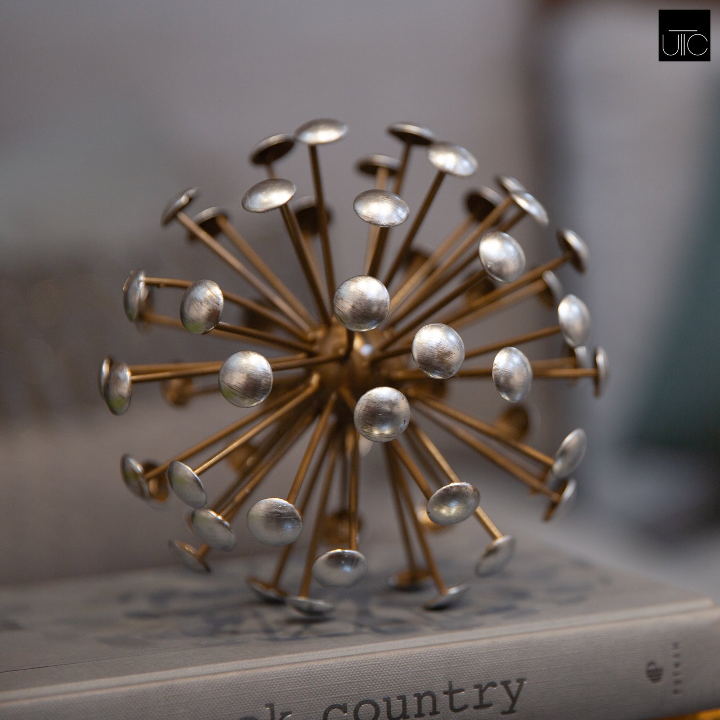 Metal Round Sea Urchin Ball Tarnished Finish Gold-6.00"H