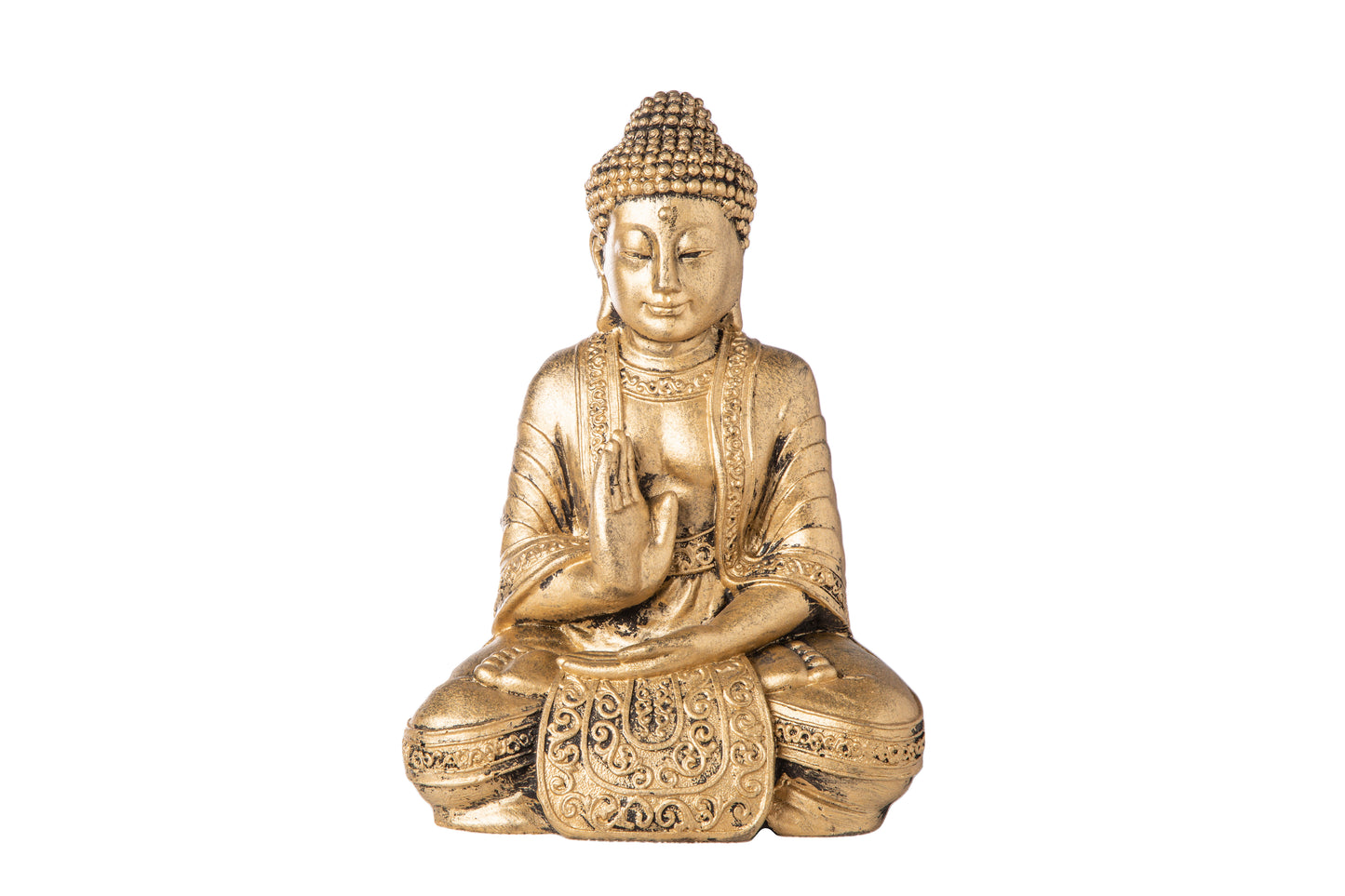Cement Meditating Buddha Figurine Distressed Concrete Finish Gold-10.00"H