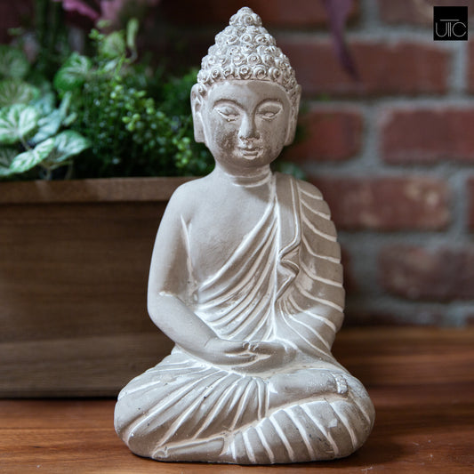 Cement Meditating Buddha Figurine Washed Concrete Finish Gray-9.50"H -18