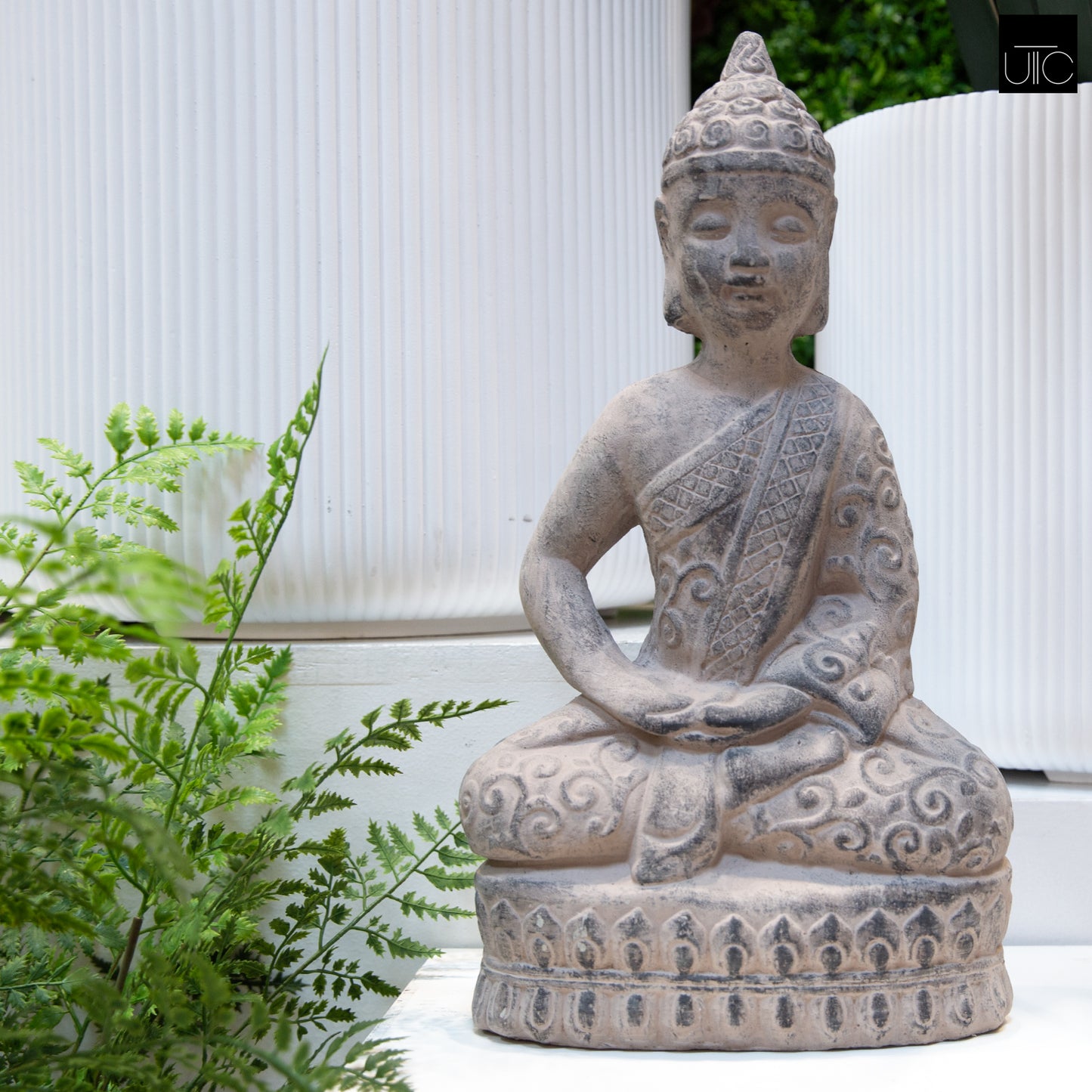 Cement Buddha  Figurine Washed Finish Gray-18.5"H