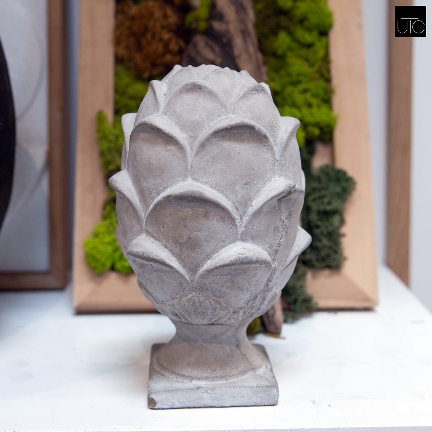 Cement Artichoke Statue on Square Base LG Washed Finish