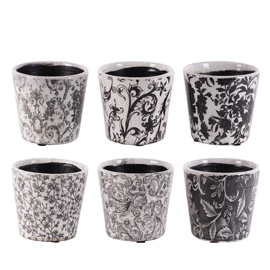 Terracotta Pot Gloss Finish Black, White-4.75"H -316