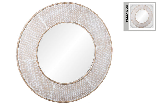 Wood Round Wall Mirror Washed Finish Brown-31.50"H