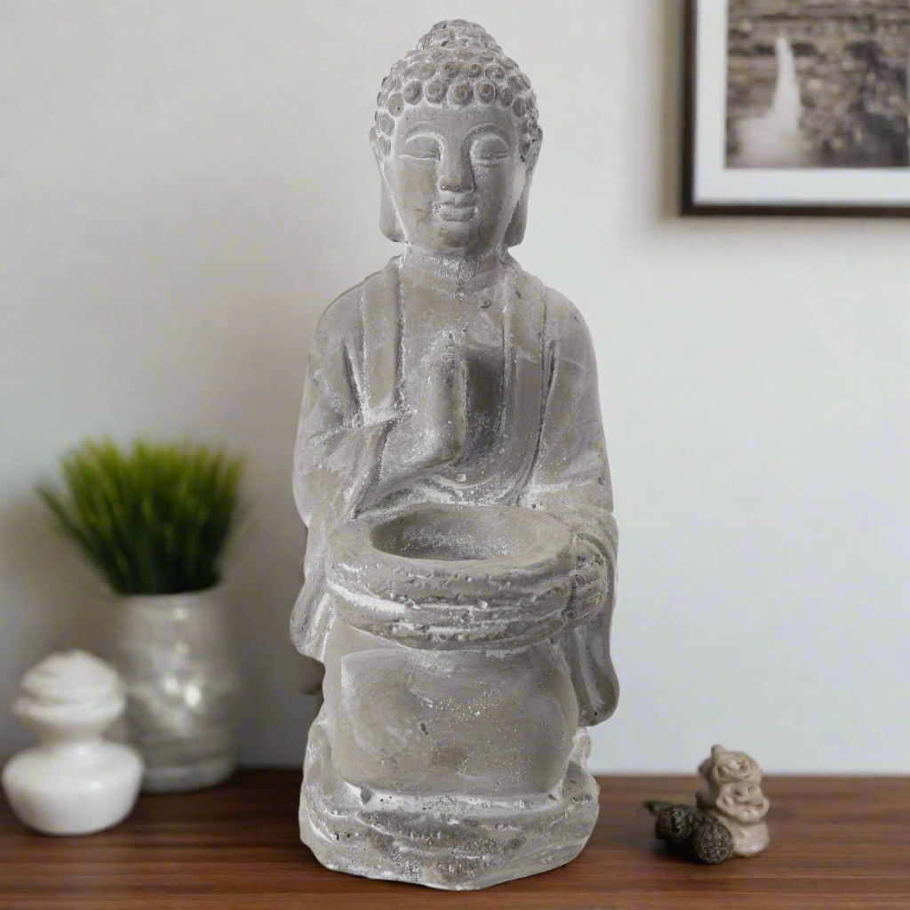 Cement Kneeling Buddha Figurine Washed Finish